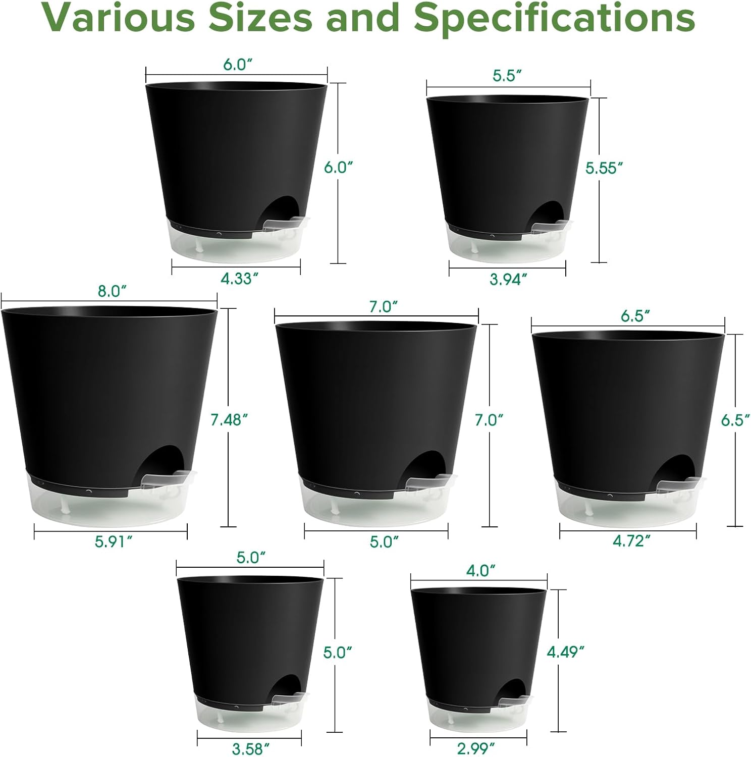 GARDIFE 2026 Upgraded Self Watering Plant Pots with Drainage Hole, 8/7/6.5/6/5.5/5/4 Inch Flower Planting Containers for House Plants, African Violet, Flowers, Cactus (Black, 8+7+6.5+6+5.5+5+4 inch)