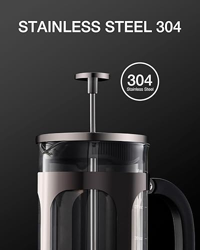Miniatura 8 de BAYKA cafetera y tetera de prensa francesa de acero inoxidable 304, con sistema de filtración de 4 niveles, vidrio de borosilicato grueso resistente