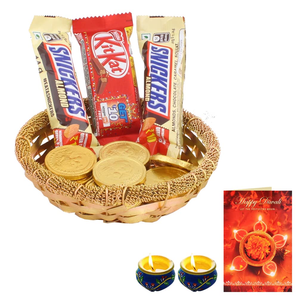 Astonished Retail Golden Coin & Snickers Almond Chocolate Hamper | Premium Diwali Chocolate Hamper | Diwali Chooclate Gift with Diwali Greeting Card & Set of 2 Diya | 328