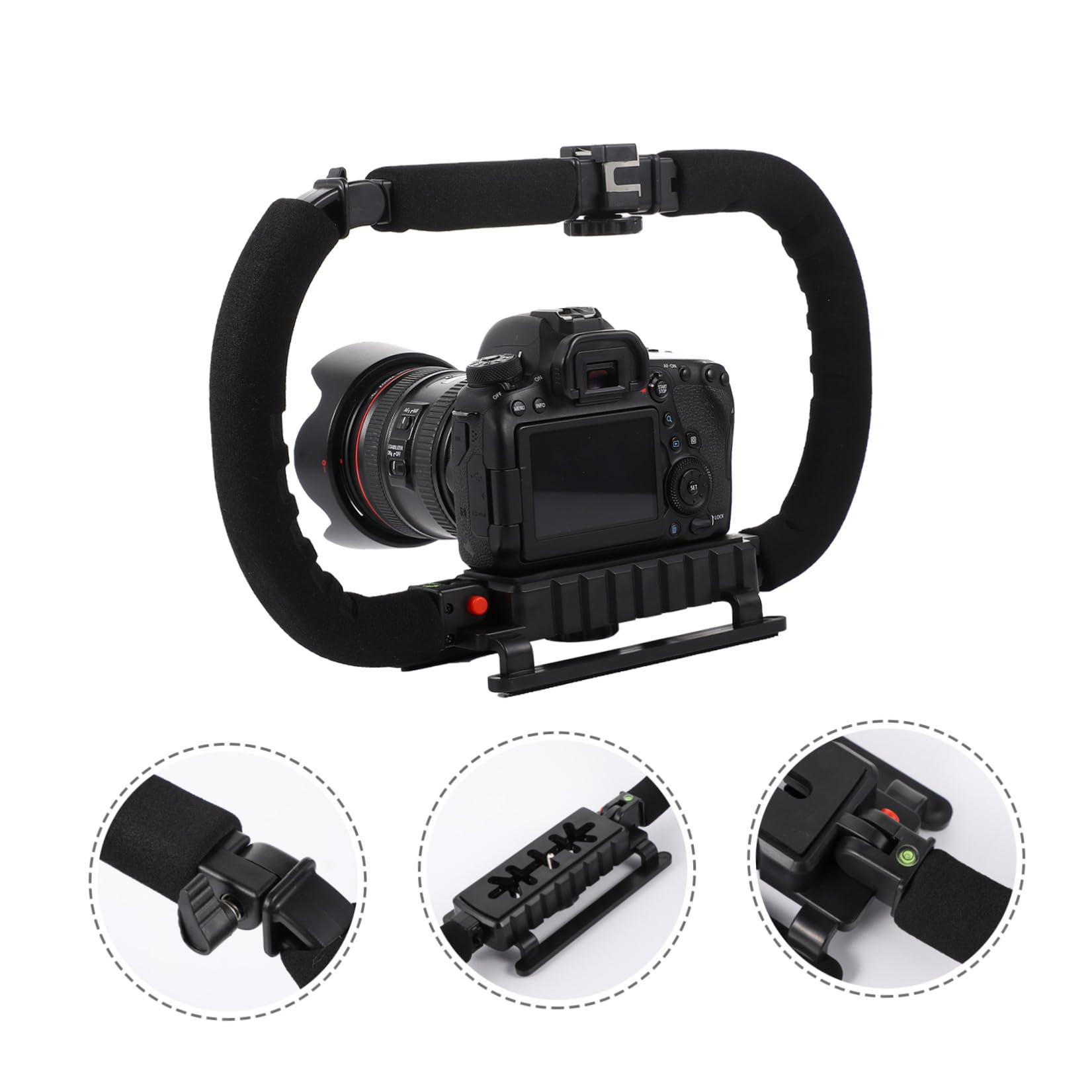 SECFOU Stabilizzatore per Fotocamera Portatile Nero Impugnatura in Spugna Anti-affaticamento e 3 Porte Hot Shoe, Supporto Vite da 1/4 Pollice per Smartphone e Videocamere Dv