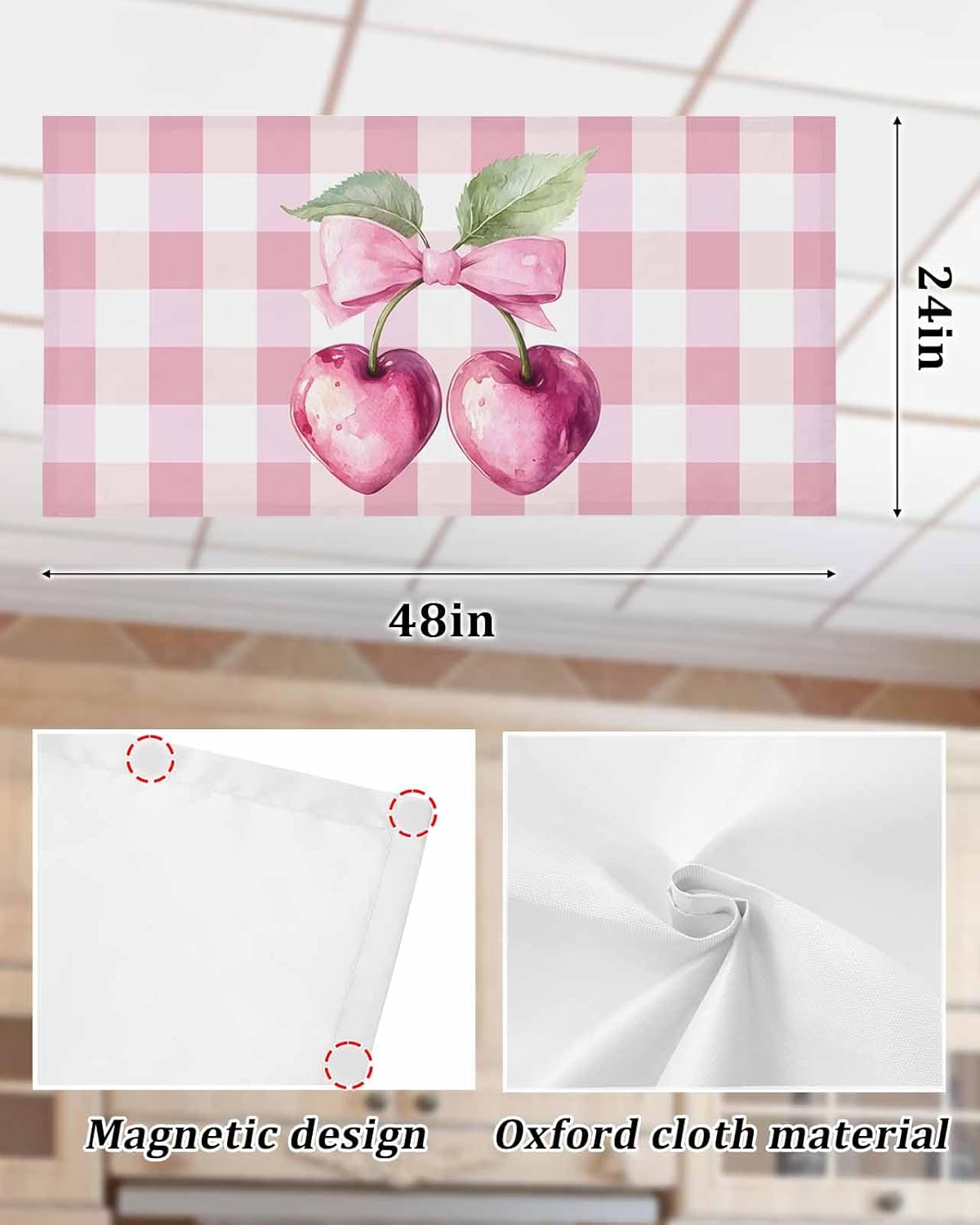 3 Pack Fluorescent Light Cover for Classroom Ceiling Light, Pink Bow Cherry Magnetic Light Cover Filters, Pink White Check Light Covers for Office School Home Drop Lamp Ceiling Decor 4x2 Feet