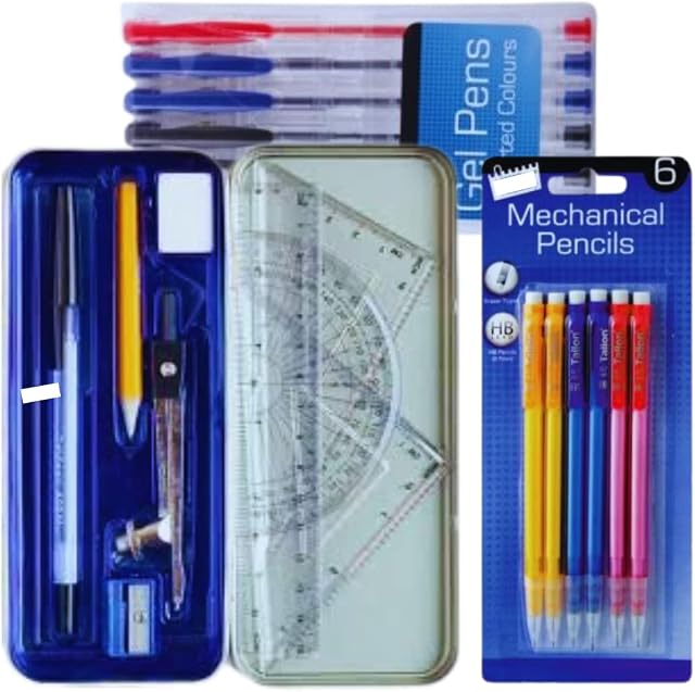 Mathematical Set & Stationery Supplies - 22 Pcs Geometry sets for secondary school with Geometry compass sets, protractor set, set squares, mechanical HB pencils, gel pens in black, red, blue, eraser