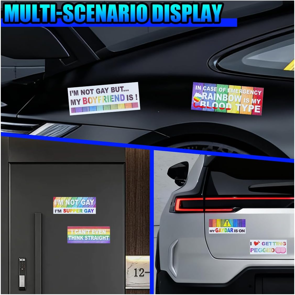 YoRise 10PCS Car Funny LGBT Sticker Decals, Magnetic Rainbow Prank Decal with Humor Text, Waterproof Reflective Gay Pride Sticker, Universal Vehicle Window Bumper Accessories for Luggage(Colorful)