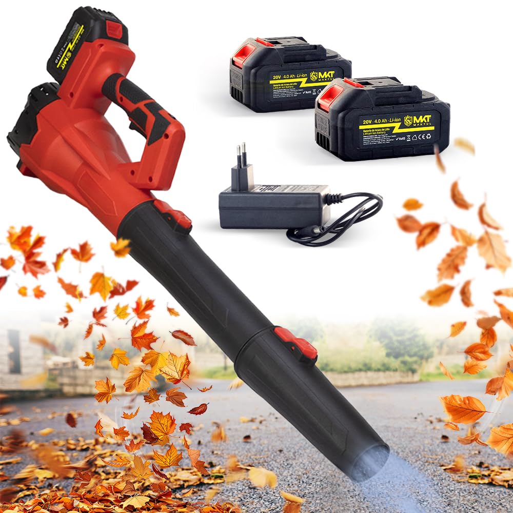 MAKTUL Soplador de Hojas Batería Potente y Ligero, Motor 6 Velocidades 28.000 RPM 241 Km/h, 2 Baterías 4000mAh 20V 450W, Sopladora de Aire Jardín Alta Potencia, Bufador Eléctrico Inalámbrico sin Cable