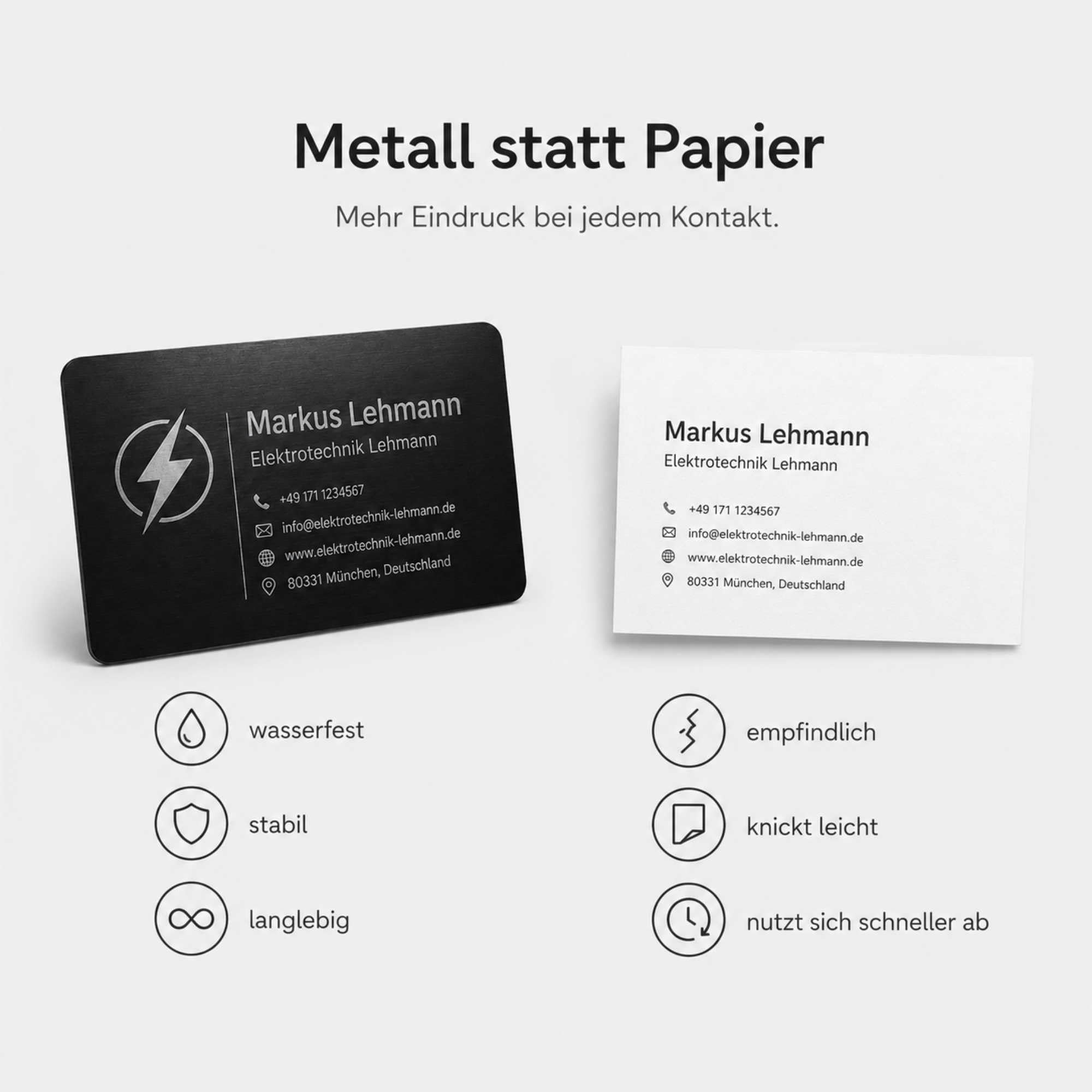Visitenkarten erstellen - 100 personalisierte Aluminium Metall-Visitenkarten in Schwarz, 85 x 54 mm, mit Logo, Text oder QR Code, beidseitige Lasergravur