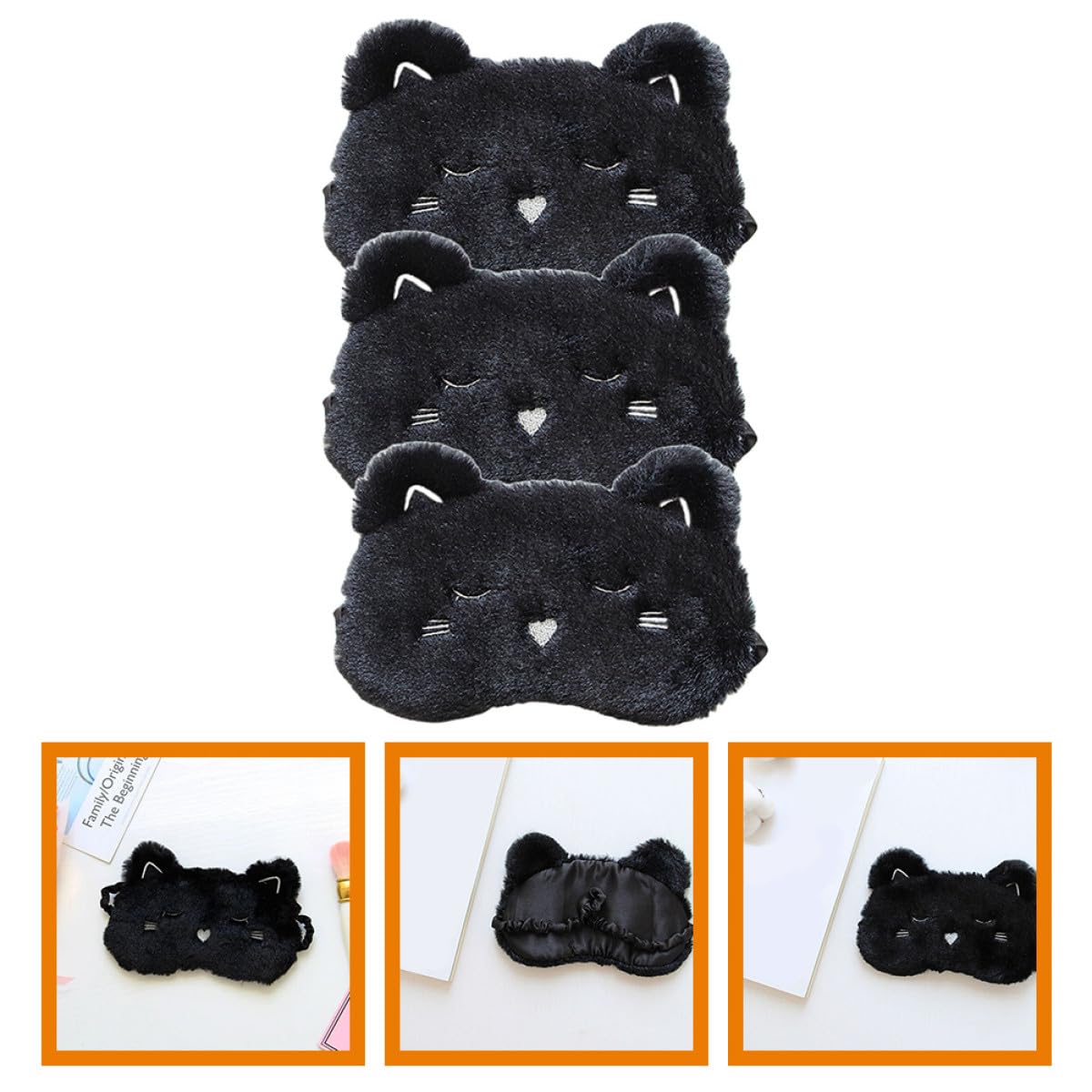 Máscara para Dormir de Dibujos Animados Negra, Paquete de 3 Unidades, Cómoda Felpa Seda, Adecuado para Camping y Uso al Aire Libre