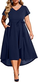Plus Size Wedding Guest Dress Formal - Flutter Sleeve Cocktail Party High Low Dresses with Pockets