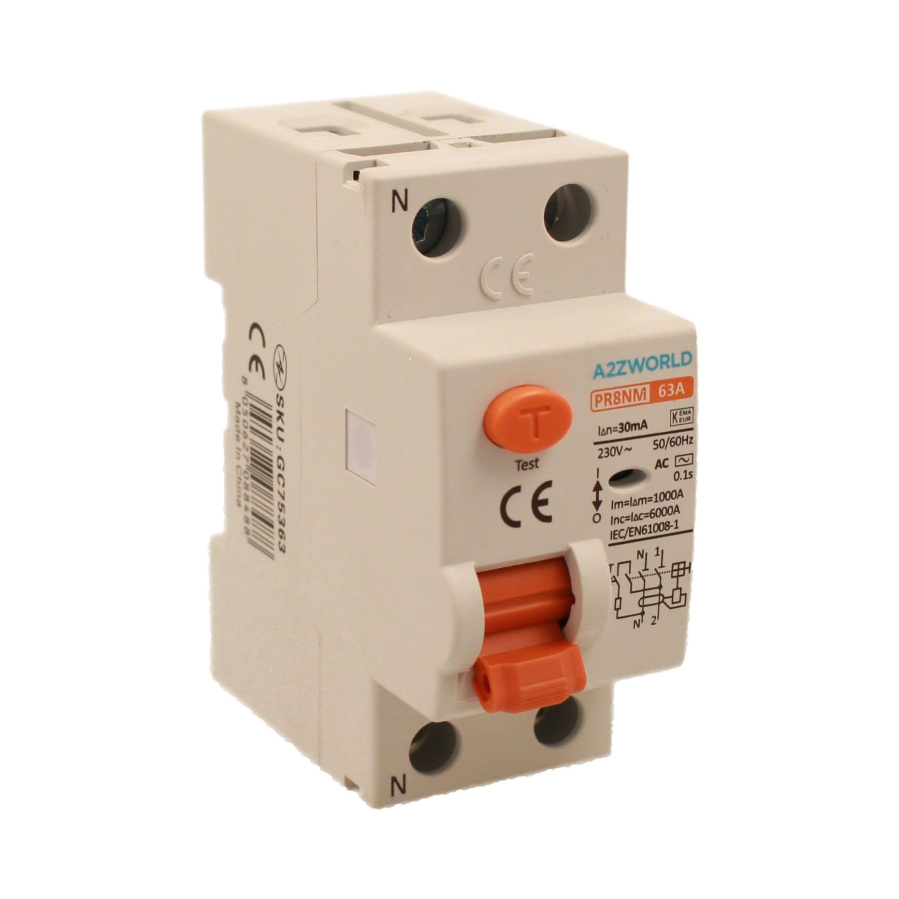 Interruttore Differenziale Puro Salvavita 63A, RCCB 1P+​N Tipo AC 6kA 30mA 220V, 2 Moduli DIN, Serie PR8NM Elettromagnetica, Certificato IEC61008-​1