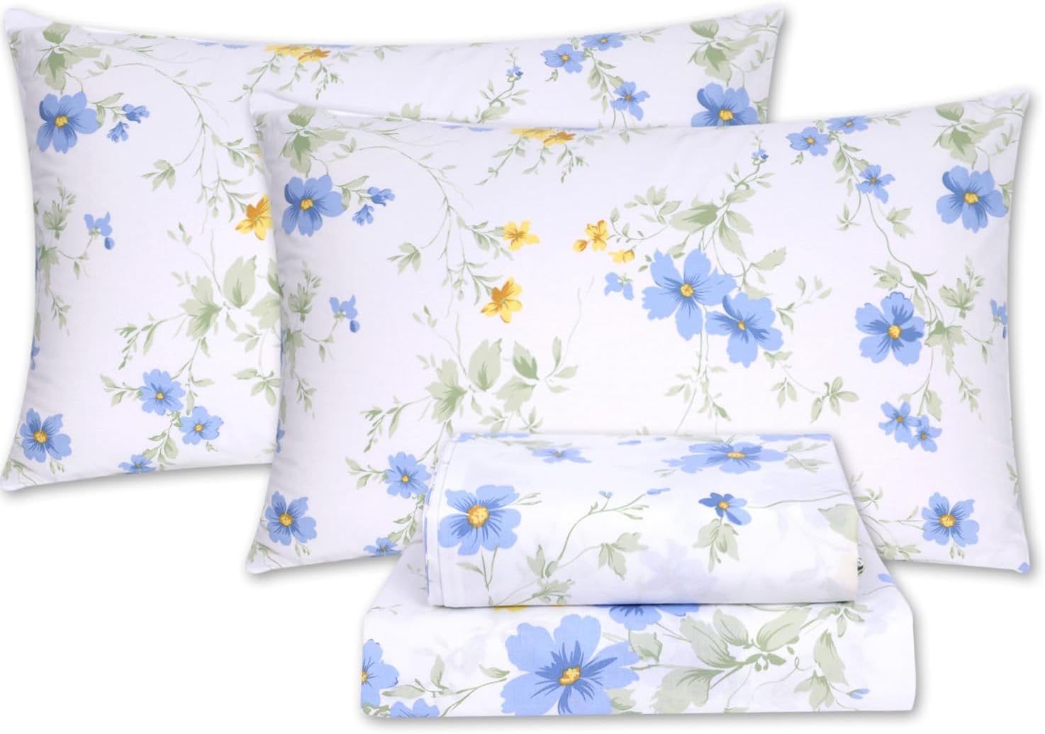YINFUNG Cotton Full Sheet Set Floral, Blue White Yellow Spring Flower Bed Sheet Deep Pockets 16" Fitted Sheets with Side Pockets 4 Pieces Botanical Pattern Printing French Country Oeko-Tex