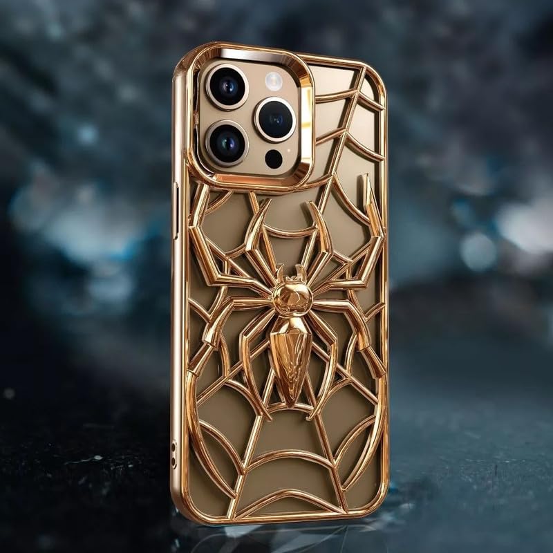 Image of COVERLY for iPhone 15 Pro Max Spidey Web Silicone 3D Cartoon Clear Phone case, Full Protection Minimal Hollow Out Electroplated Heat Dissipation Mobile Back Cover for Apple iPhone 15 Pro Max -Gold