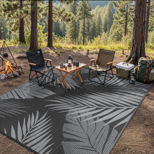 GENIMO Outdoor Rug, Waterproof Plastic Rugs for Patio, 9'x12' Black Grey by GENIMO - Used condition - Image 6