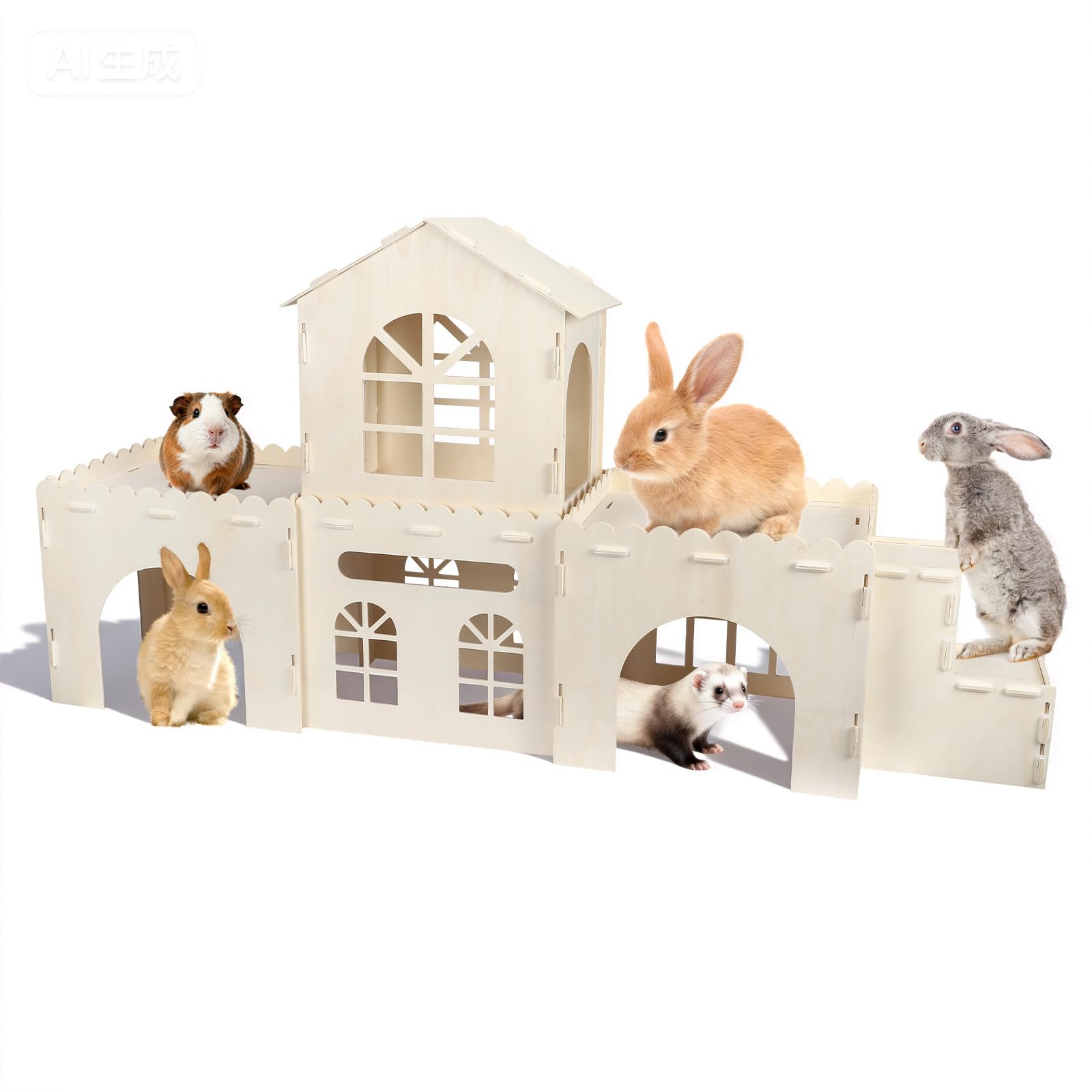 Extra Large Wooden Rabbit Castle | 5-in-1 Luxury Bunny House & Hideout with Stairs | Detachable Indoor Playhouse for Rabbits, Guinea Pigs, Chinchillas, Hamsters | Easy Assemble Pet Habitat