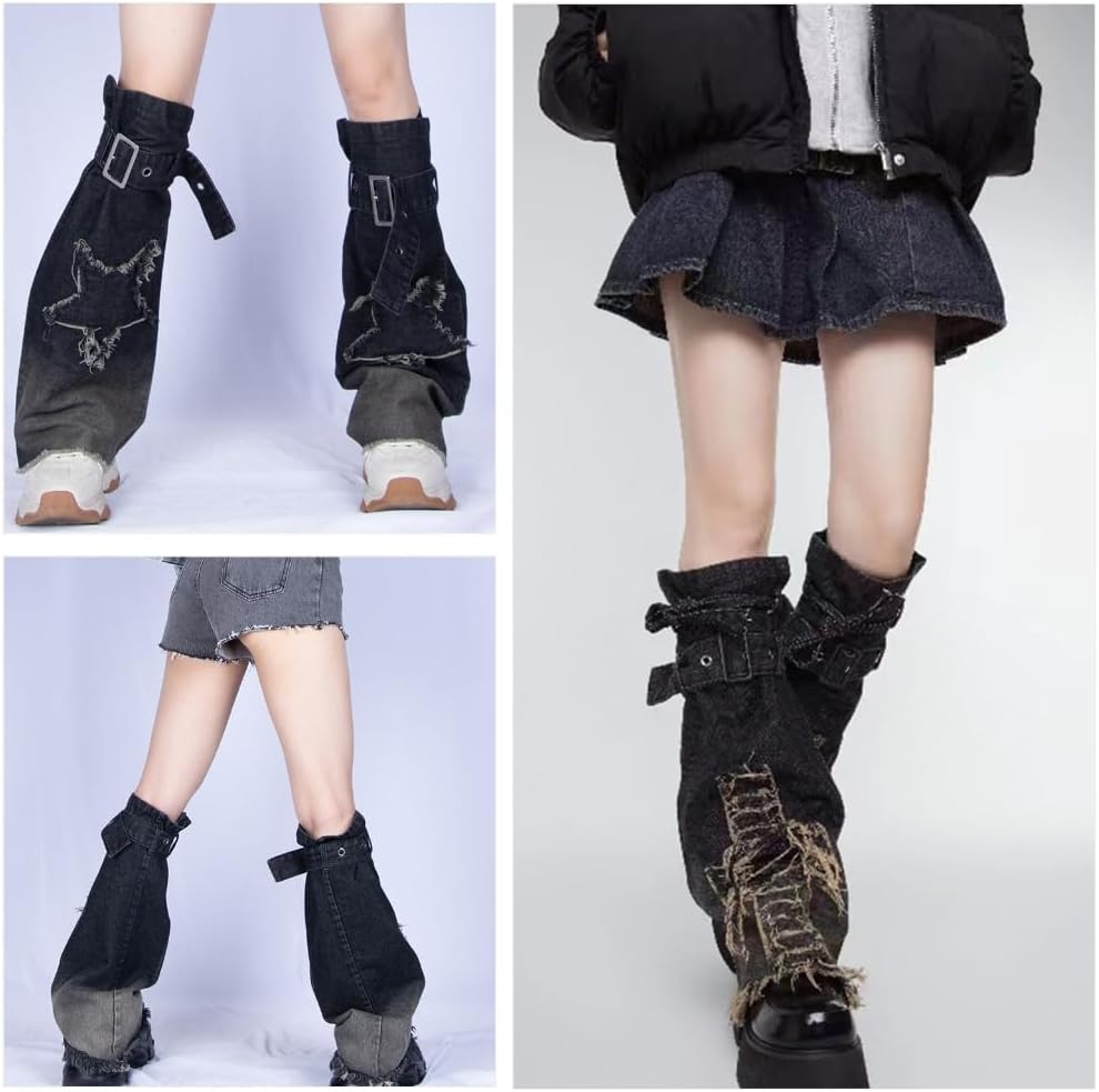 Harajuku Distressed Crosses Star Jeans Leg Warmer Punk Adjustable Strap Buckled Leg Covers Flared Long Socks for Women