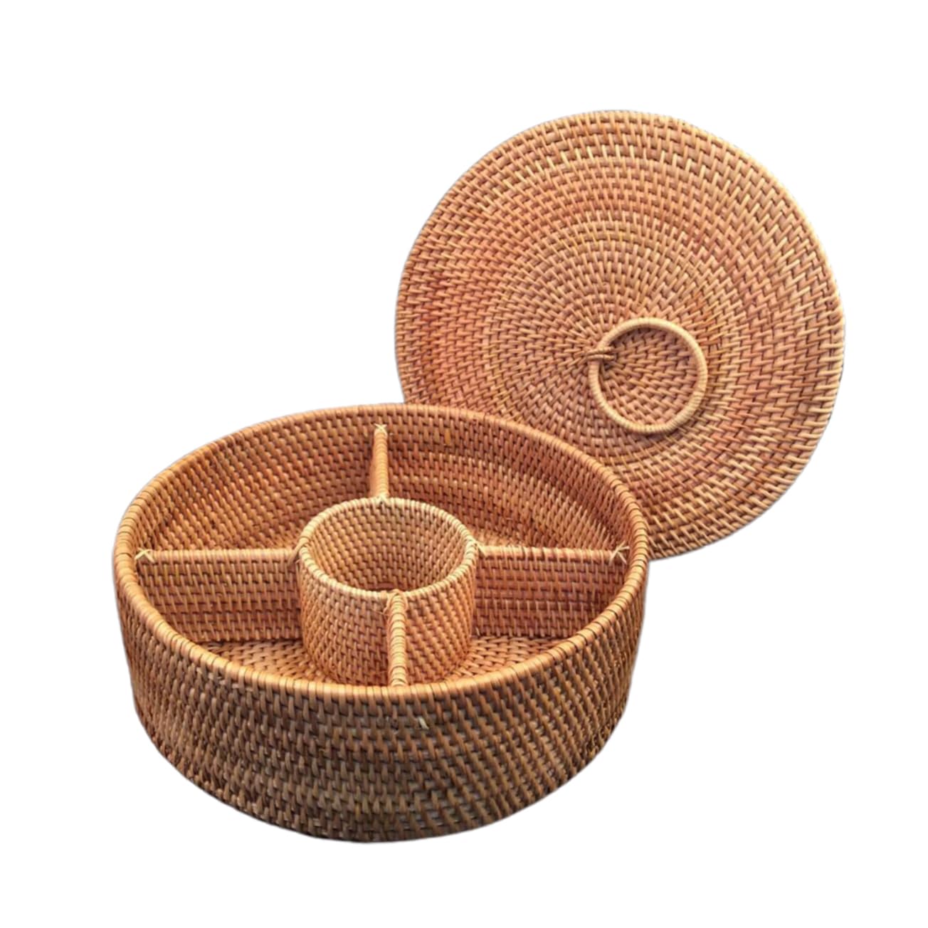 Unomor 1pc Rattan Woven Storage Basket Cookie Containers Snack Trays Cookie Platter 5 Section Rattan Basket Snack Tray with Lid Cookie Display Case Fruit Basket Container for Food Wooden
