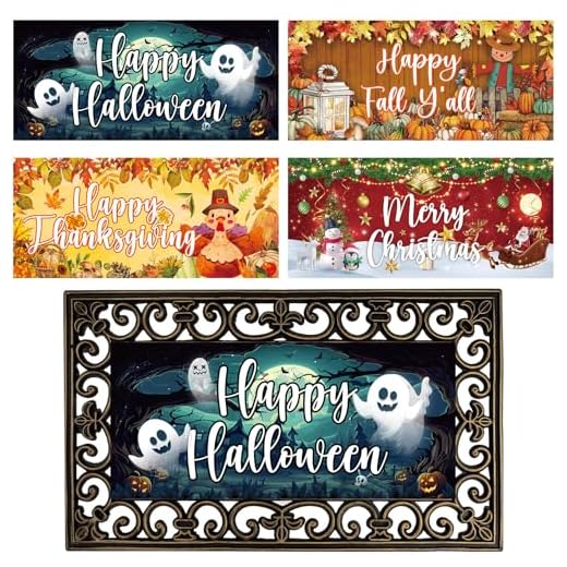 4Pcs Doormat Inserts Holidays Door Mat Inserts Interchangeable Entrance Doormats Welcome Doormat Halloween Thanksgiving Fall Christmas Front Door Mat for Front Door Outdoor Indoor Decor 22 x 10 in