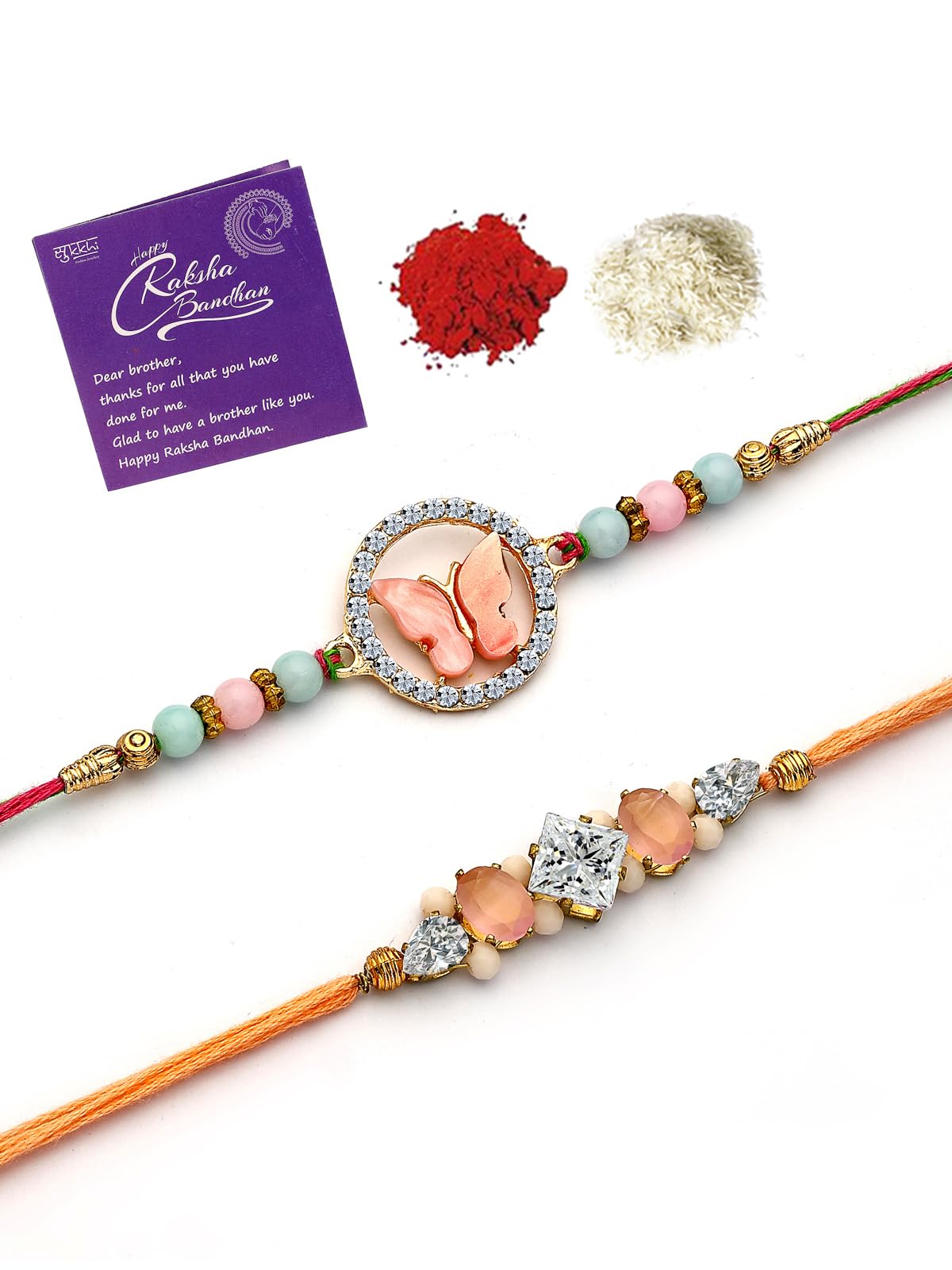 Unique Butterfly Design Gold Plated AD Stones & Beads Studded Pink Combo Rakhi for Brother with Roli Chawal & Greeting Card|Set of 2|CBRAK107440-image-47