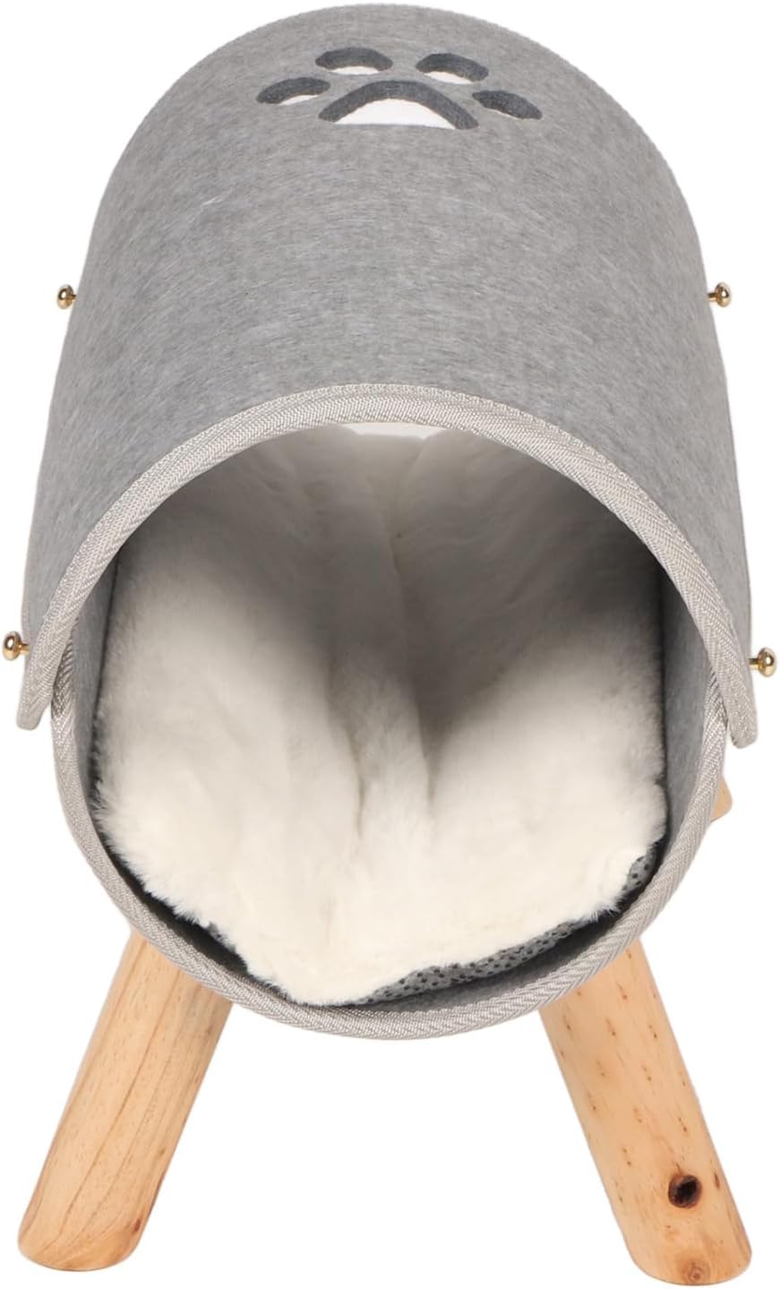 Cat Tunnel Bed, Pet Felt Tunnel Bed, Elevated Wooden Legs Cat Tunnel Soft Felt Plush Pad Inside Pet Tunnel Bed for Indoor Amusement Exercise