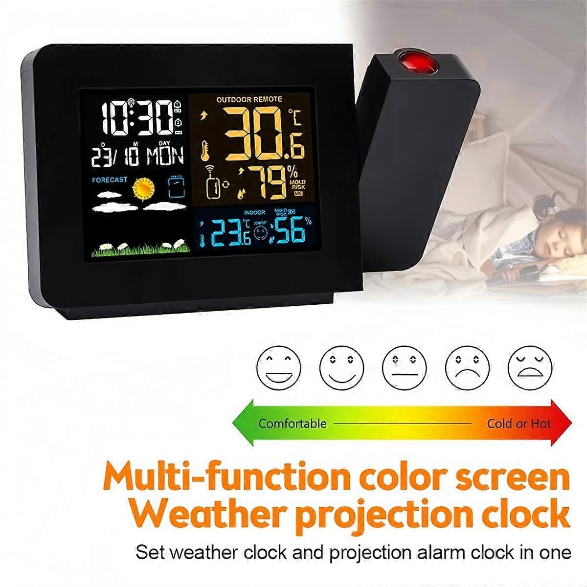LED Indoor Outdoor Temperatur und Luftfeuchtigkeitsmesser - Projektionswecker Wettervorhersage mit Ba