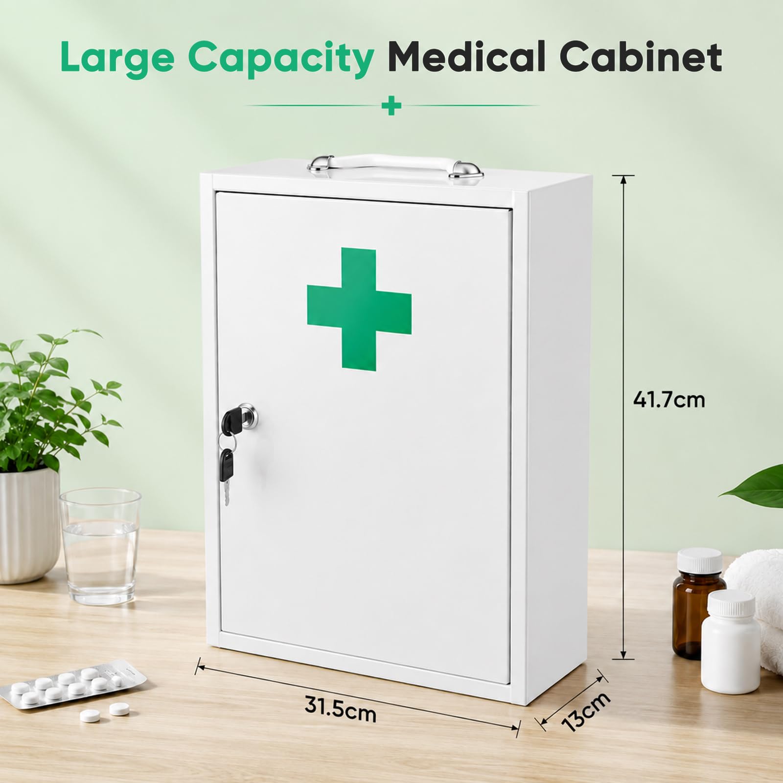 Medizinschrank Medikamentenschrank Hängend Abschließbar aus Stahl, 3 Fächer, 41,7 x 31,5 x 13 cm, für Badezimmer, Küche, Hausapotheke, inkl. 2 Schlüssel & Montageset