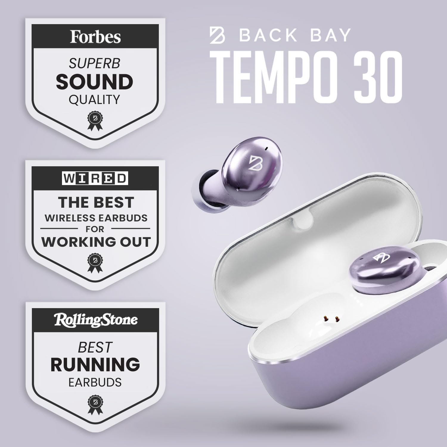 Back Bay Audio Tempo 30 Wireless Earbuds for Small Ears - Award-Winning Sound, Sweatproof Bluetooth Earbuds, Comfortable Ear Buds for Women, Purple Earphones Small Ear Canals, Long Battery Headphones