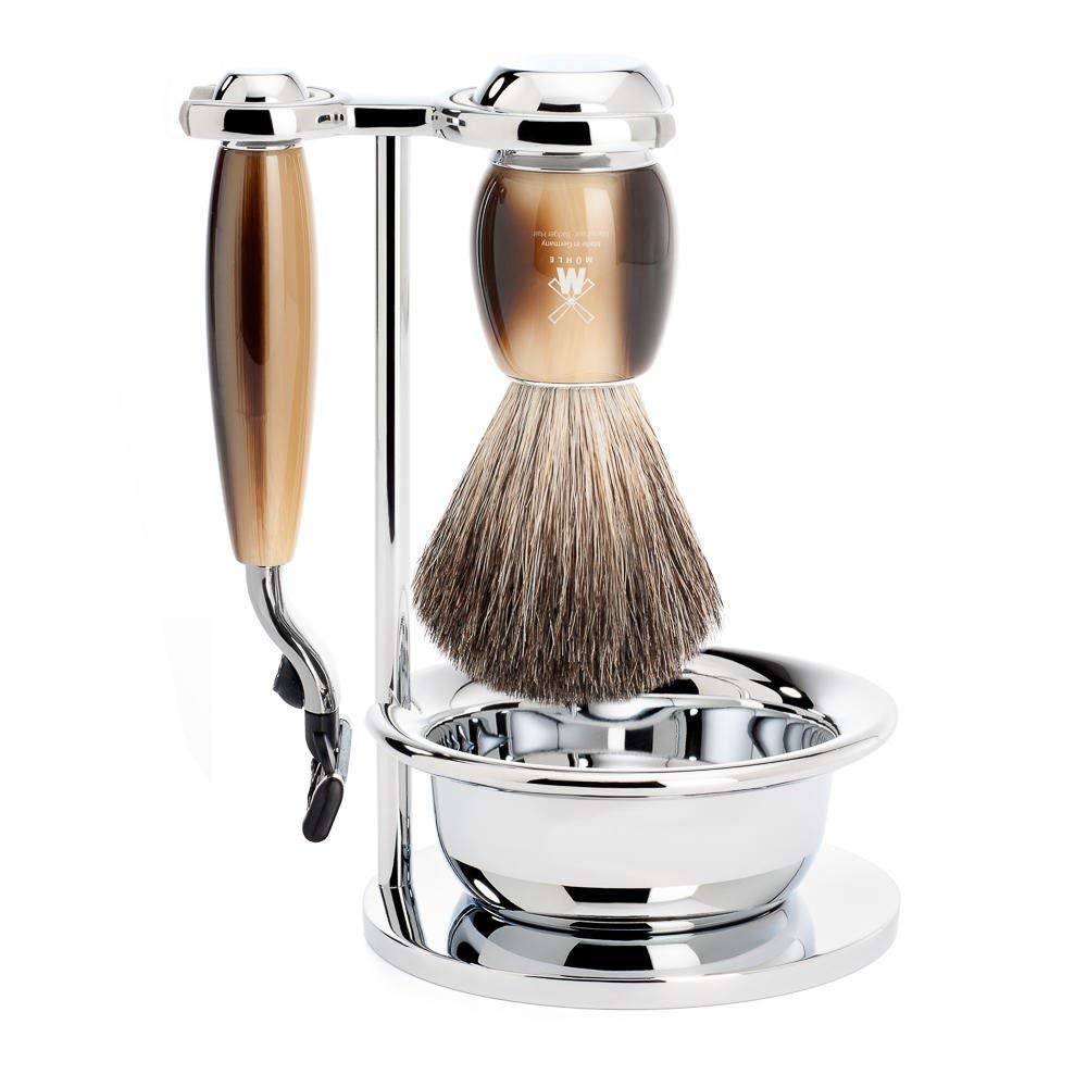 MÜHLE VIVO Brown Horn Resin 4-Piece Pure Badger 3-Blade Razor Shaving Set