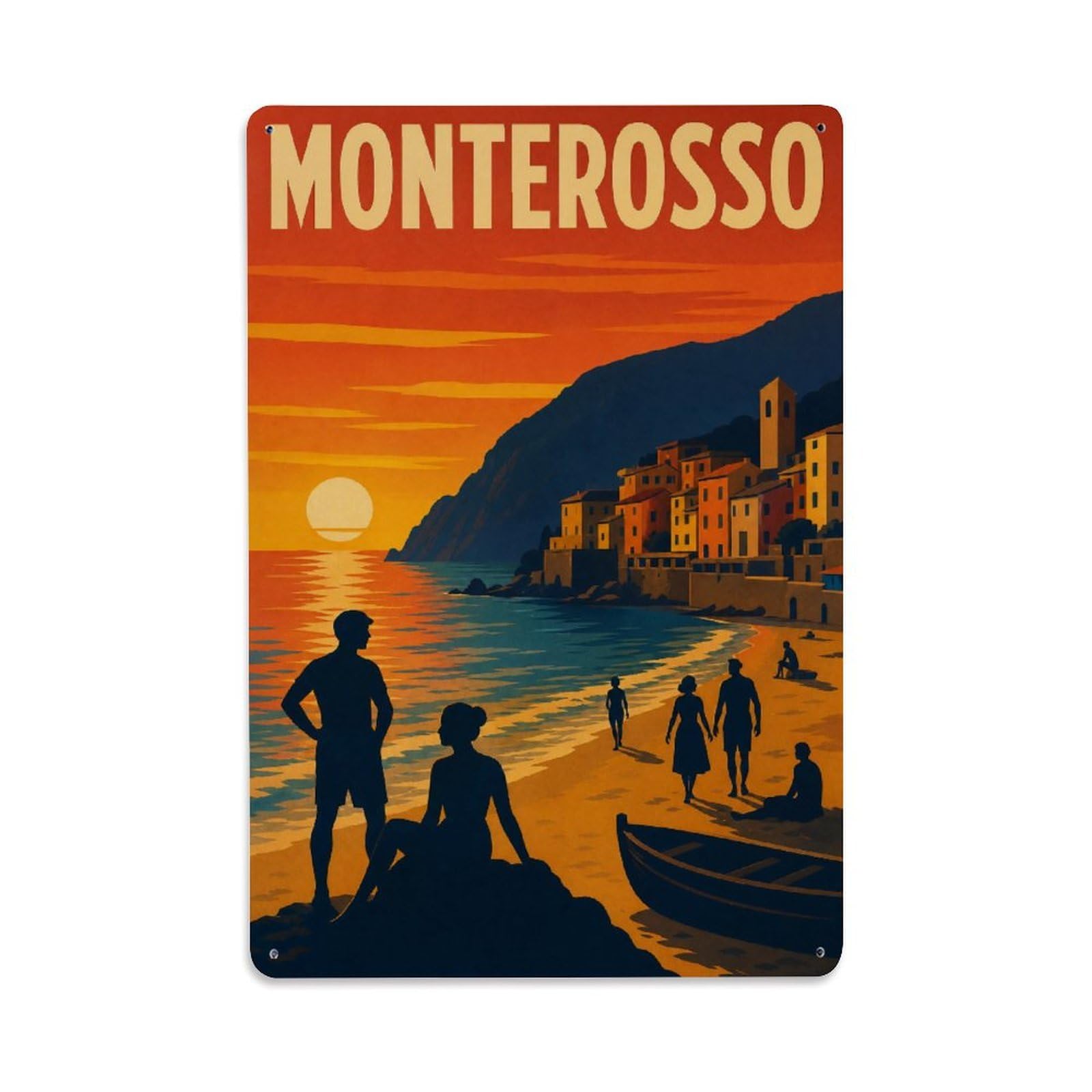 Huiyhb 8X12inch(20X30cm) Vintage Travel Monterosso Sunset Beach Silhouettes Italy Metal Tin Sign