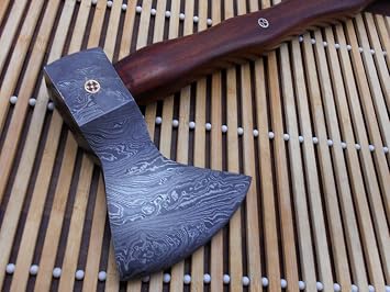 Damascus Steel Log Splitter Axe, 14.5 Inches Long Hand Forged with Rose Wood Round Handle, Bearded Hiking Battle Axe, Thick Cow Hide Leather Sheath