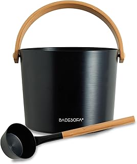BADESOFA Sauna-Eimer mit Kelle Set – Saunakübel 5 L Aluminium Schwarz mit Bambusgriff – Skandinavisches Design, Sauna Zubehör & Aufguss Set für Sauna & Outdoor-Sauna
