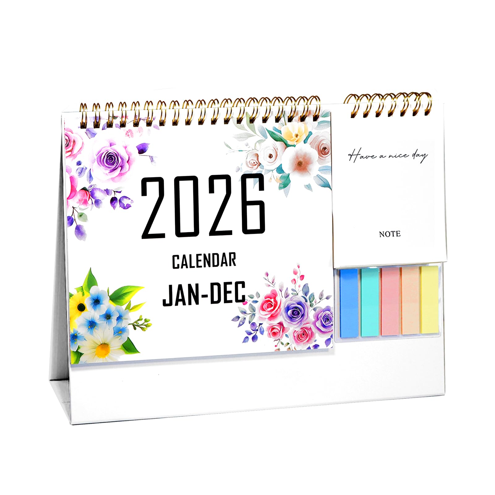 Kleiner Tischkalender 2026, stehender Schreibtischkalender 12 Monate (Jan. 2026 – Dez. 2026), 2-in-1-Klappkalender mit Haftnotizen und Memo-Seiten, 22,9 x 25,4 cm, dickes Papier, Blumenkalender für