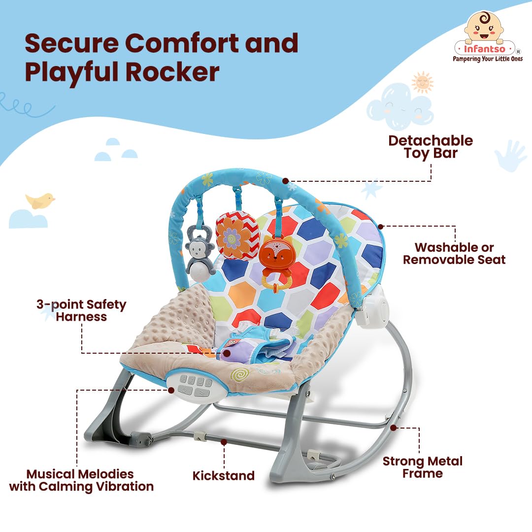 INFANTSO Baby Rocker & Bouncer for 0 to 2 Years (Multi), Portable Rocker for Newborn with Mosquito Net, Calming Vibrations, Soft Music & 3 Hanging Toys, 5-Point Safety Harness 1