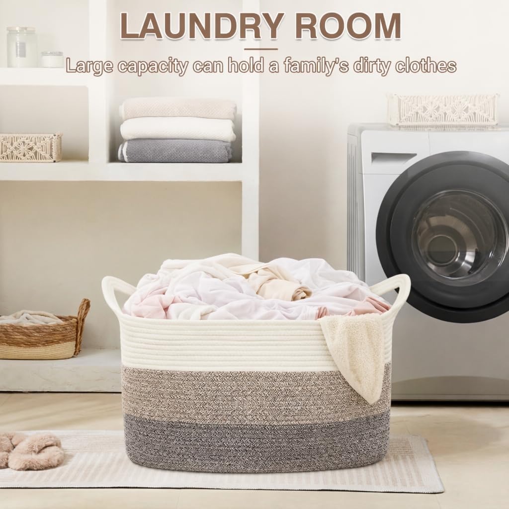 YOUDENOVA Nursery Storage Basket，21.6''×14.9''×11.8'' Rectangle Cotton Rope Blanket Basket, Nursery Laundry Hamper for Organizing，Toy Basket for Living Room, Bedroom