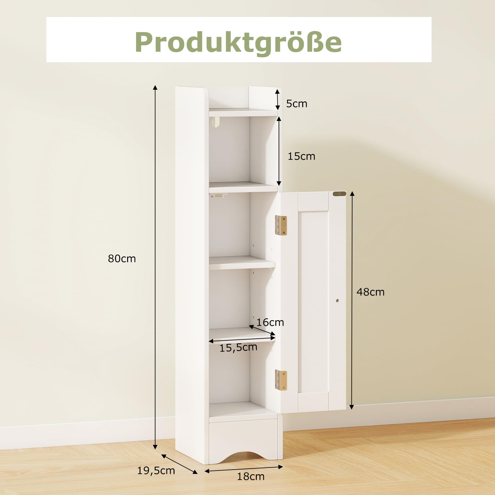 COSTWAY Szafka toaletowa, wąska, szafka łazienkowa z otwartą półką, drewniany regał łazienkowy z 2 regulowanymi półkami, szafka do przechowywania 18 x 19,5 x 80 cm (biała)