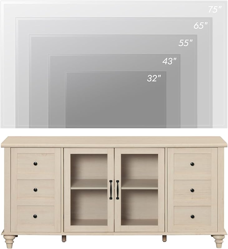 WAMPAT Farmhouse TV Stand for 65 Inch TV, TV Cabinet with Glass Door, Beige image 5