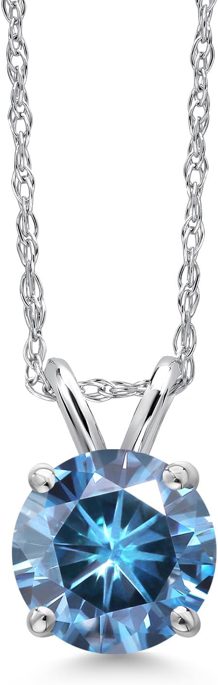 Gem Stone King 14K White Gold Persian Blue Moissanite Pendant Necklace for Women | 0.80 Cttw | Gemstone Birthstone | Round 6MM | With 18 Inch Chain