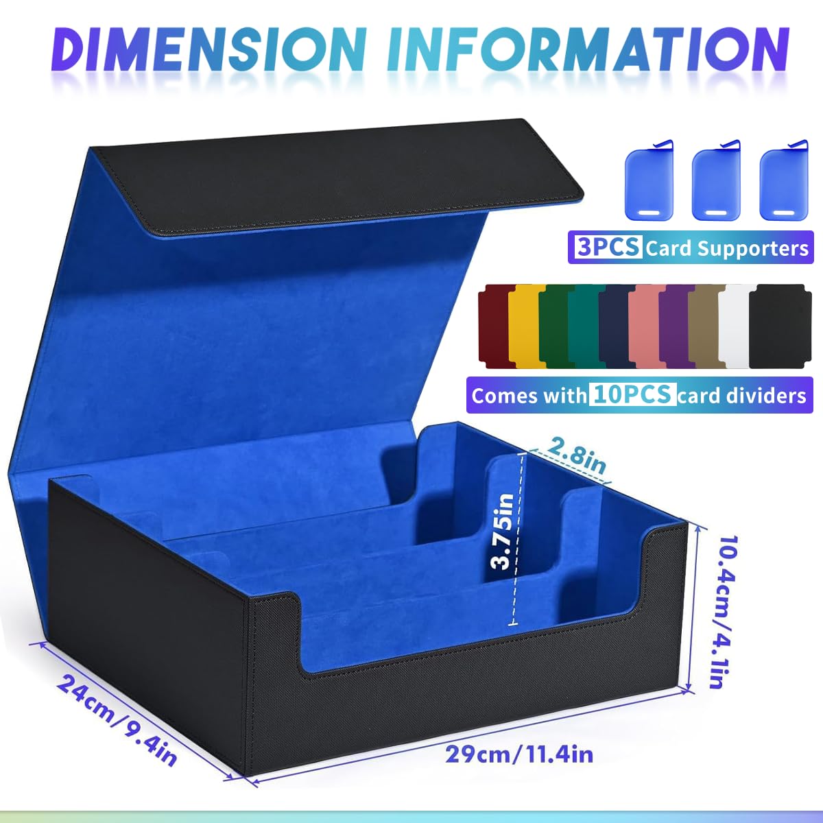 Card Storage Box for Trading Cards, 1800+ PU Leather Commander Card Deck Case, Magnetic Closure Card Holder Fits for Magic Game Cards (Black&Blue)