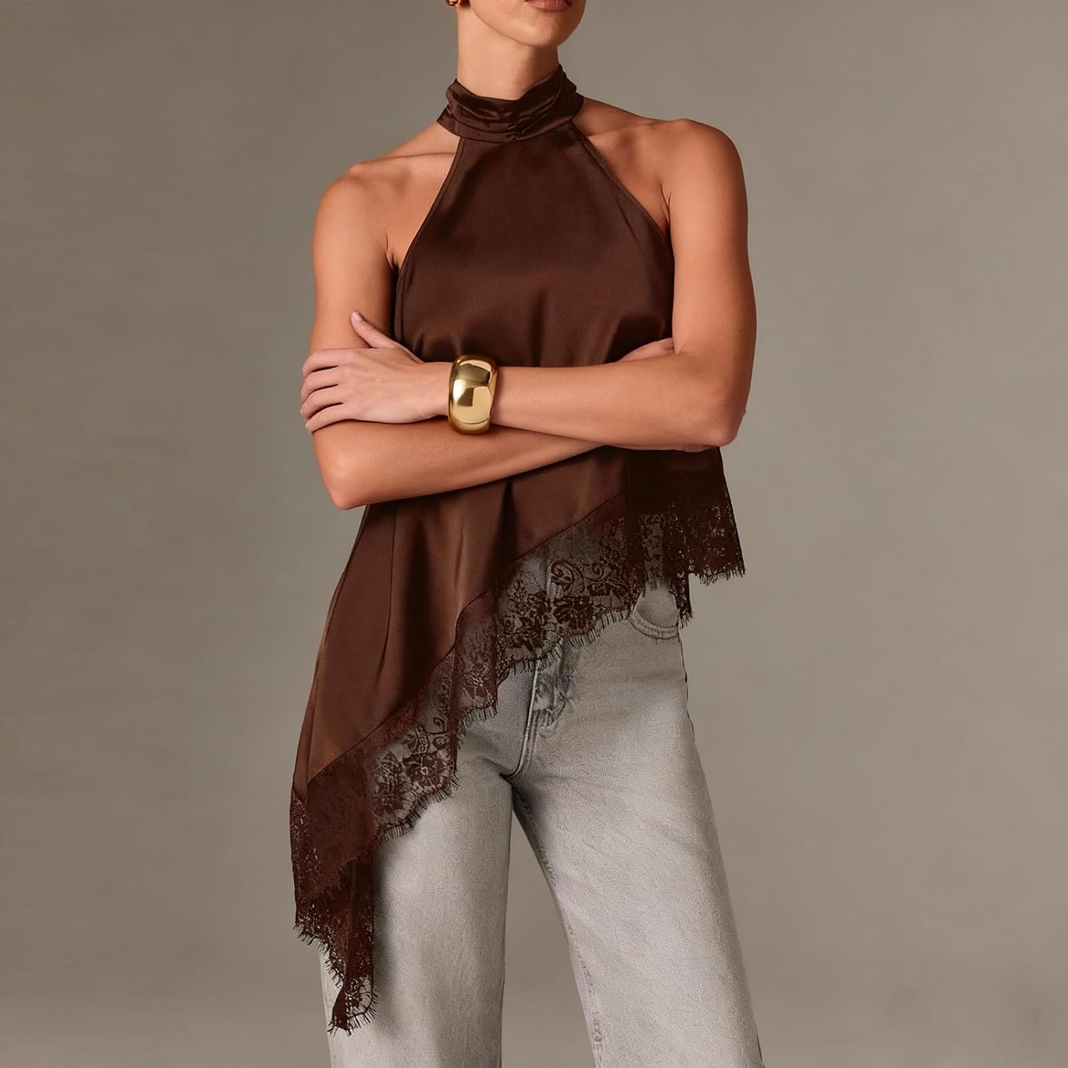 Women Satin Halter Top Lace Trim Mock Neck Tank Top Sleeveless Backless Asymmetric Hem Y2k Going Out Tops - Image 2