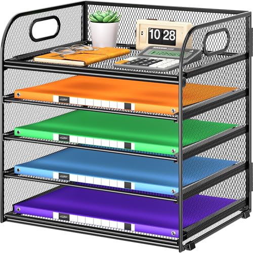 5 Tier Paper Organizer with Handle, Metal Mesh Desk Organizer File Folder Paper Letter Tray Desktop Document Sorter for Classroom, School, Office Accessories Organization and Storage – Black