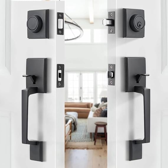 NeuType Front Door Handle Set Matte Black Double Door Handle Set with Dummy Heavy Duty Double Door Lock Set, with Single Cylinder Deadbolt and Lever Handle, Compatible with Right & Left Handed Doors