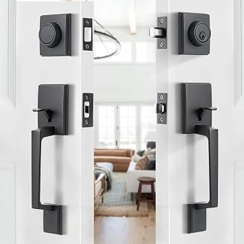 NeuType Front Door Handle Set Matte Black Double Door Handle Set with Dummy Heavy Duty Double Door Lock Set, with Single Cylinder Deadbolt and Lever Handle, Compatible with Right & Left Handed Doors