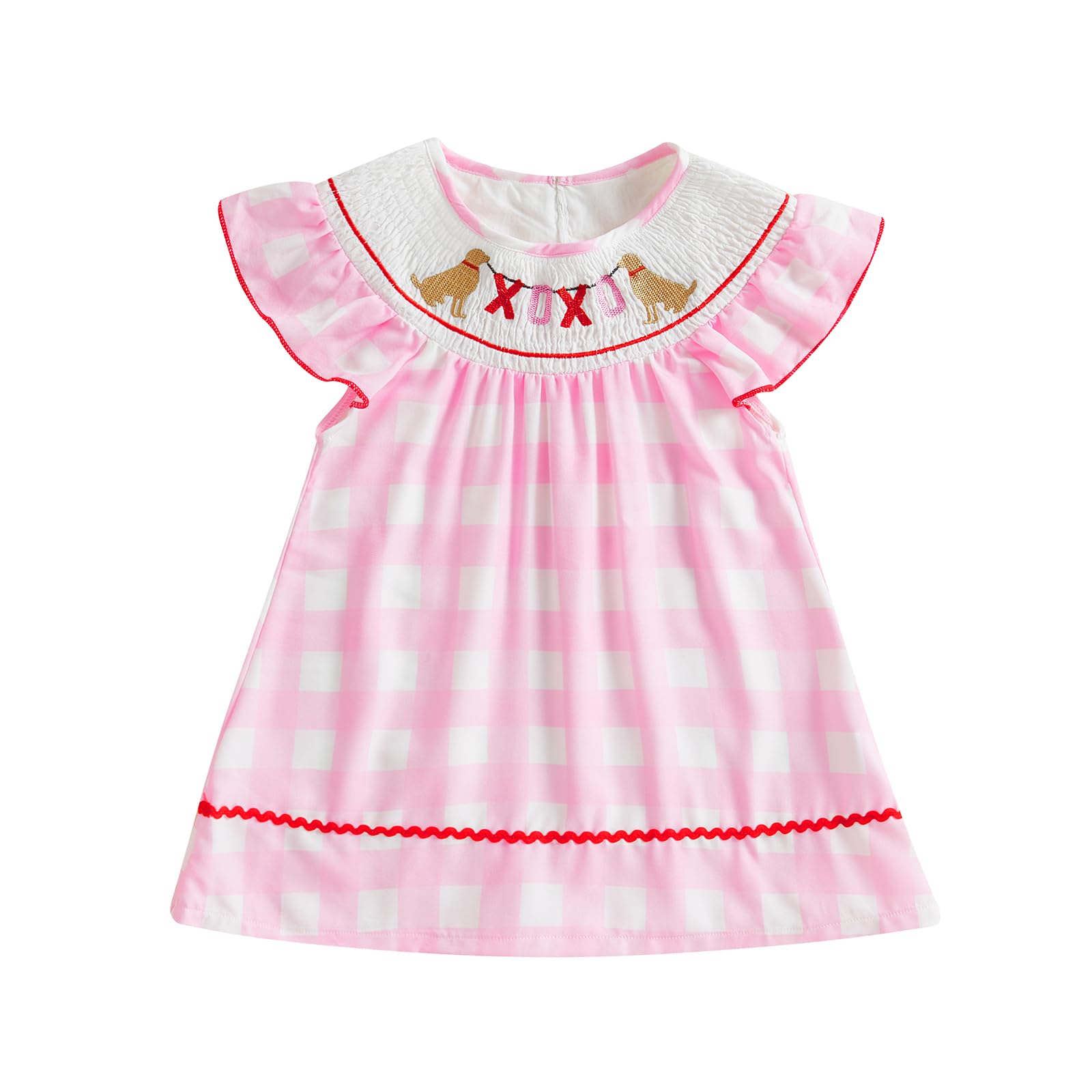 Toddler Baby Girl Valentines Day Outfit Fly Sleeve Embroidery Smocked Dress Playwear Plaid Princess Dress 1-5T (Pink, 12-18 Months)