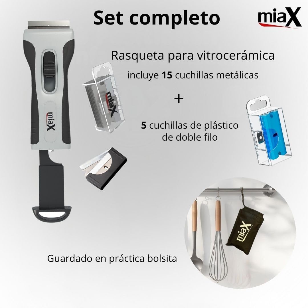 miaX Rasqueta Vitrocerámica con Compartimento y 20 Cuchillas | 15 cuchillas metálicas, 5 cuchillas plásticas, placa de inducción, horno, mango antideslizante