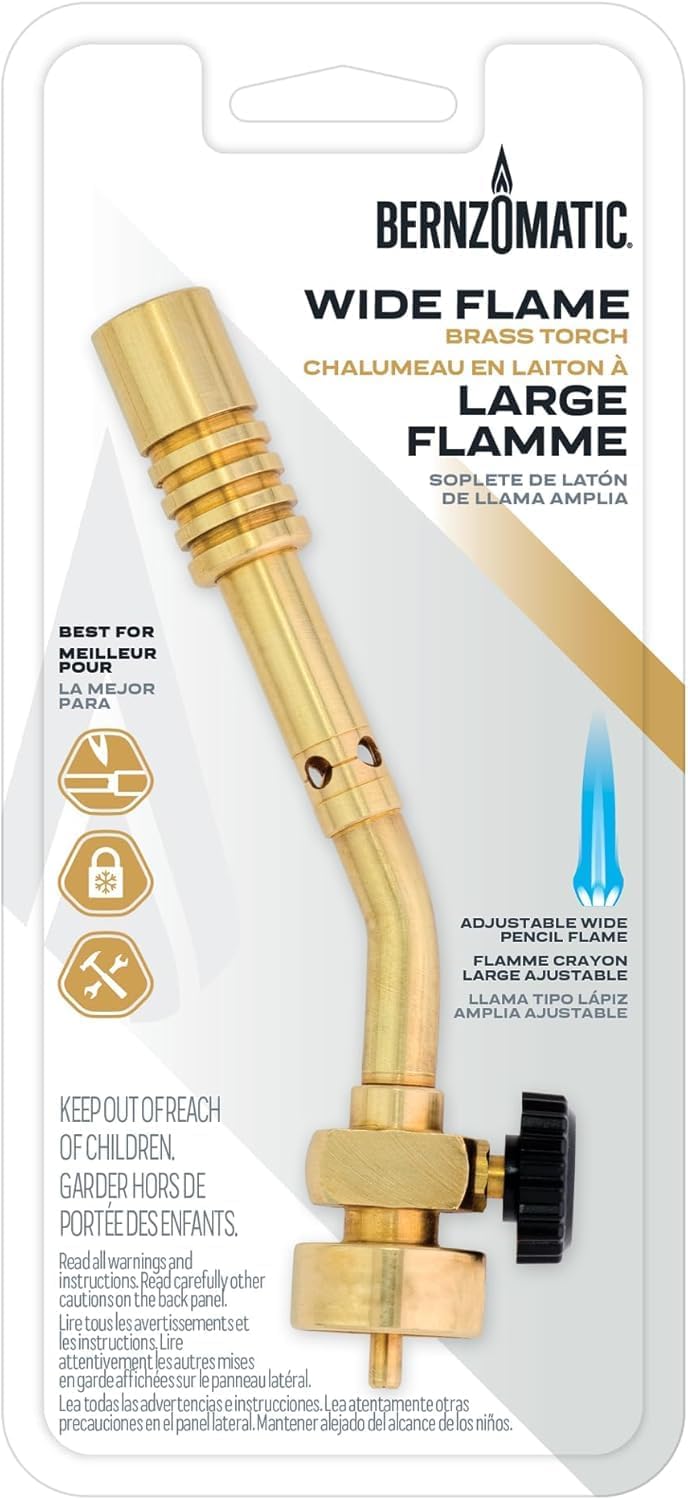 Bernzomatic® Wide Flame Brass Torch - Manual Ignition, Wide Pencil Flame Propane Torch (JT680 Torch)