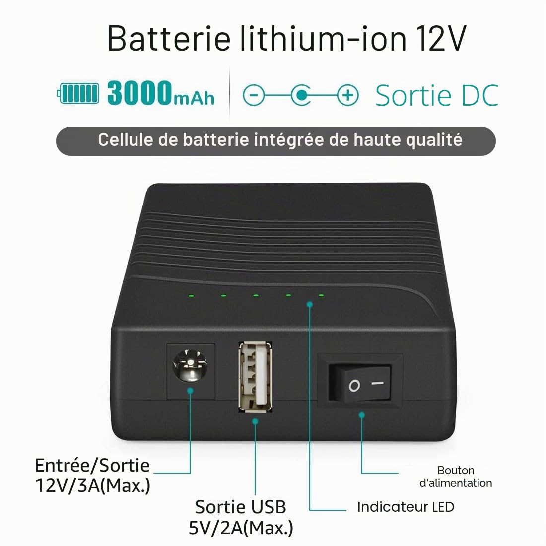 TalentCell Power Bank Batterie lithium-ion externe, rechargeable, 36 W, 12 V, 3000 mAh, double sortie de 12 V/5 V, avec chargeur, pour bandes lumineuses LED, caméra CCTV, et bien d’autres, noire