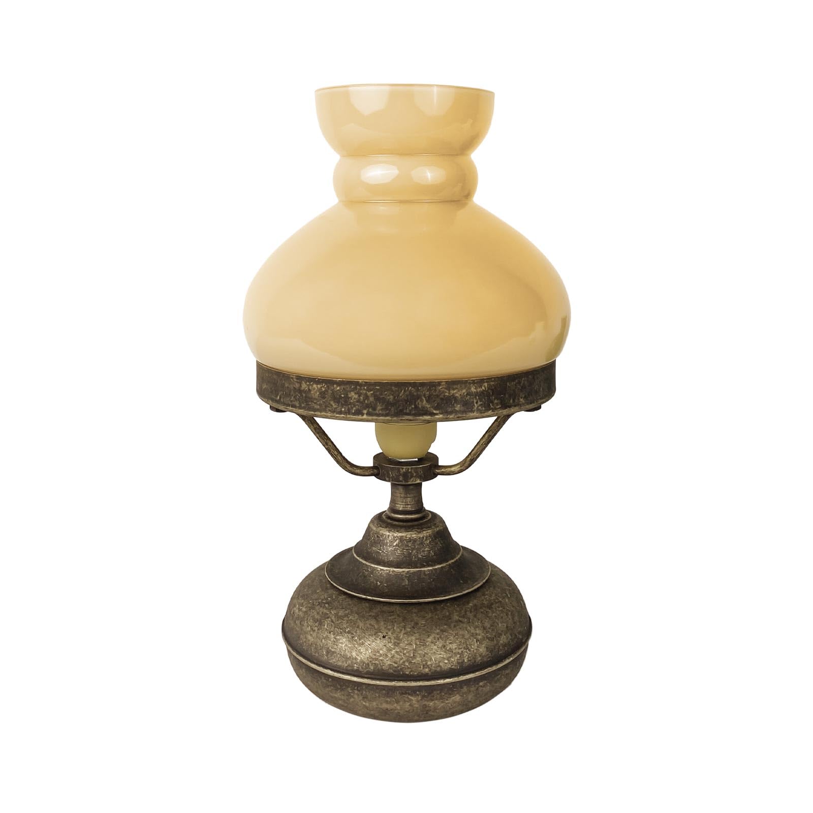 Licht-Erlebnisse Tischleuchte Messing massiv Glas H: 24,5 cm Ø 13,5 cm klein Öllampen Design in Bronze Antik matt Creme E14 Jugendstil Tischlampe Wohnzimmer