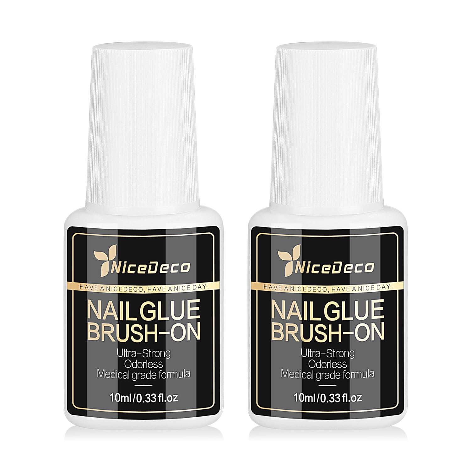 NiceDeco Colla per Unghie con Pennello 2Pz da 10ml, Adesione Rapida,Non Sbianca, Adesivo Forte per Unghie Finto, Applicazione a Pressione,Non Serve Lampada UV