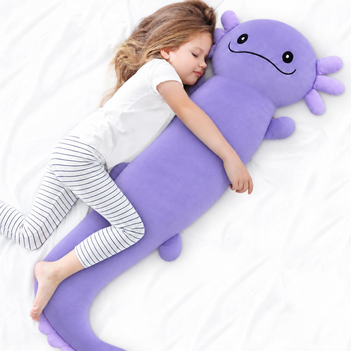 Tianmihou 48 Inch Giant Axolotl Stuffed Animal, Cute Plush Toy Purple Axolotl Body Pillow for Kids, Soft Salamander Glow in The Dark Plushie Gifts for Girls, Boys, Birthday