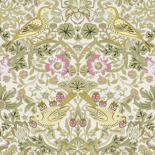 Guvana Peel and Stick Wallpaper William Morris Vintage Wallpaper Strawberry/Bird/Floral Contact Paper Botanical Removable Self Adhesive Wall Paper for Bathroom Bedroom Kitchen Cabinets 17.3x78.7in
