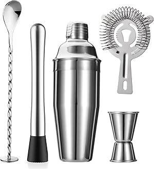 ZPUFAW 5-Piece Cocktail Shaker Set Shaker Strainer Jigger T-Mixing Spoon Muddler Bartender Kit Stainless Steel Bar Set Housewarming Gift