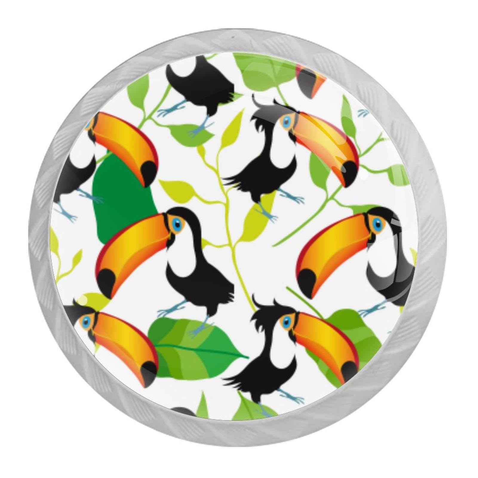 Tqmspg 4 Pieces Drawer Pulls Toucan Bird Green Leaf Door Knobs Dresser Handles for Kitchen Wardrobe Cupboard Hardware Furniture