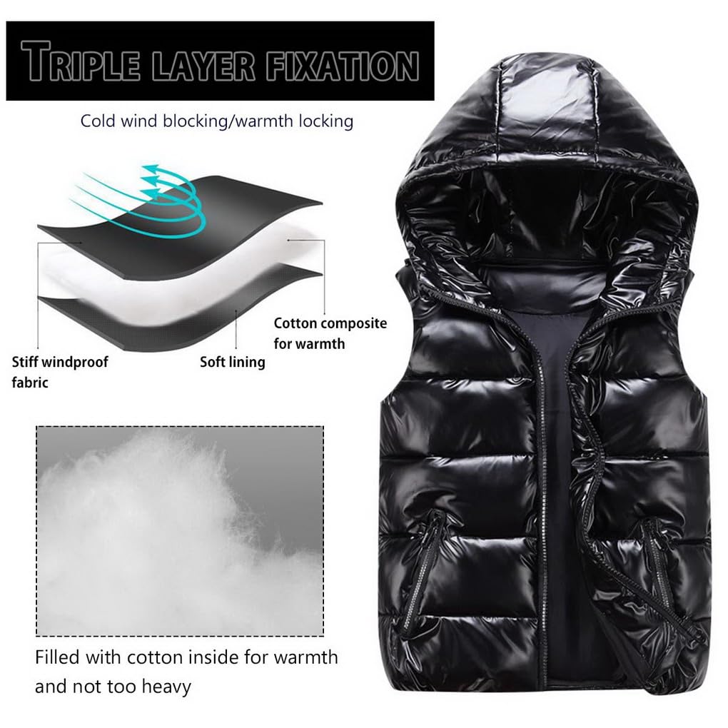 Piumino smanicato trapuntato bambini bambina con cappuccio, senza maniche, uomo gilet invernale effetto lucido giubbotto da donna giacca casual gilet cappotto con cappuccio